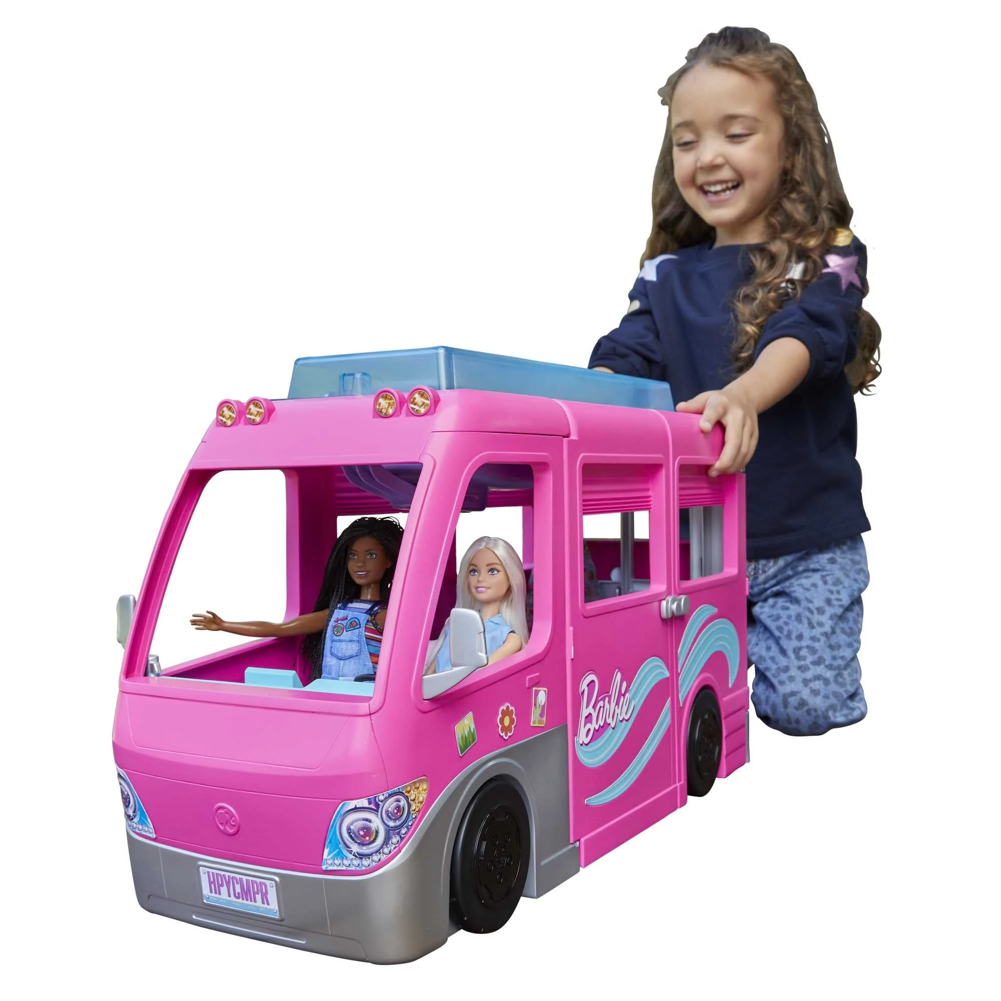 Barbie Dream Camper, Pink Camper with 7 Play Areas, 60 Toy Accessories, 2 Puppies, Pool and 80 cm Slide, Toys for Ages 3 and Up, One Barbie Camper, HCD46