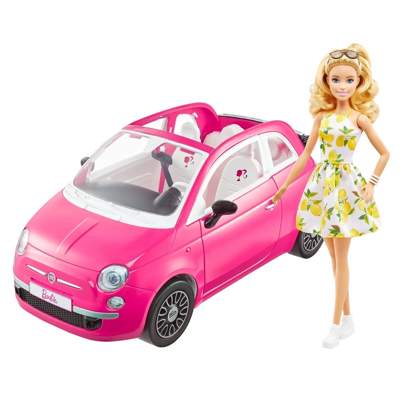Barbie Doll and Fiat 500 Car, Pink 4-Seater Vehicle with Barbie Doll in Fashion and Accessories, Gift for 3 to 7 Year Olds, HGV03