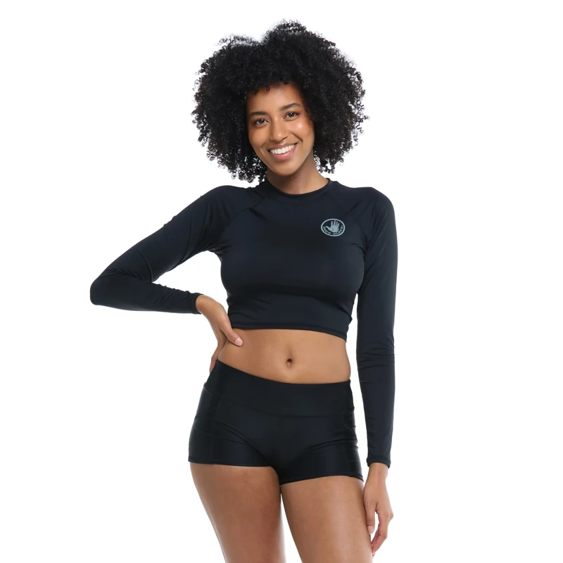 Body Glove Women's Let It Be Long Sleeve Crop Top Rashguard with UPF 50+ Rash Guard Shirt, Black, XS