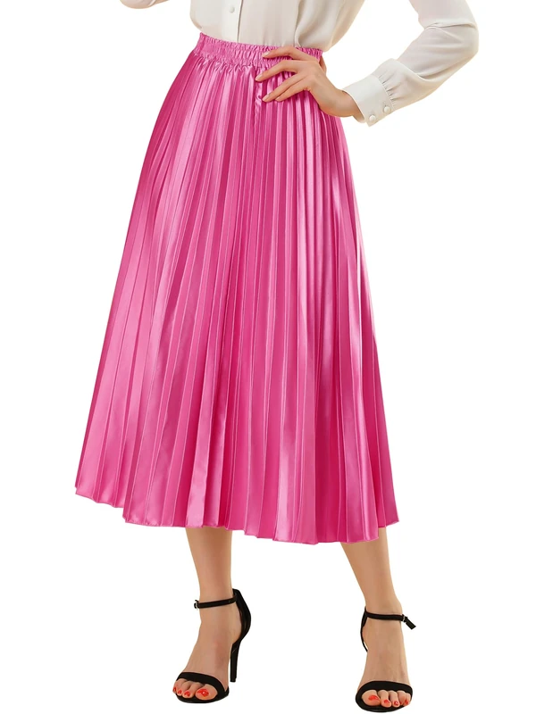 Allegra K Women's Party Elastic Waist Metallic Shiny Accordion Pleated Midi Skirt, Rose Red, M - Image 1