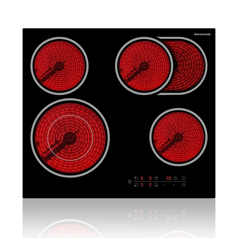 ThermoMate Ceramic Hob 4 Zones, 60cm Built-in Electric Cooktop Burner, Electric Hob with Dual Zone, Timer & Kid Lock, Sensor Touch Control, 6700W, Hard Wired, No Plug Included