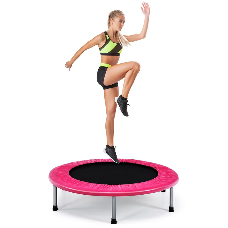 GYMAX 38” Mini Trampoline, Foldable Fitness Exercise Rebounder, Indoor Outdoor Gym Trampolines for Kids Adults, 150KG Capacity (Pink)