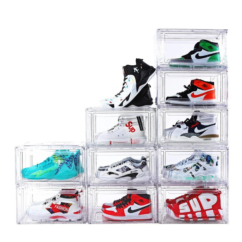 10 Pack Clear Shoe Boxes Storage Stackable Shoes Bin Strong Thickening Reinforcement Big Size Shoe Organizer Space Saving Magnetic Door Shoe Container Boxes Fits Up to Size 14 Shoes (Transparent)