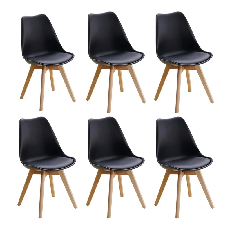 Homcasa Set of 6 Modern Design Dining Chairs, with Cushioned PU Seat and Solid Wood Legs Retro Lorenzo Lounge Chair (Black)