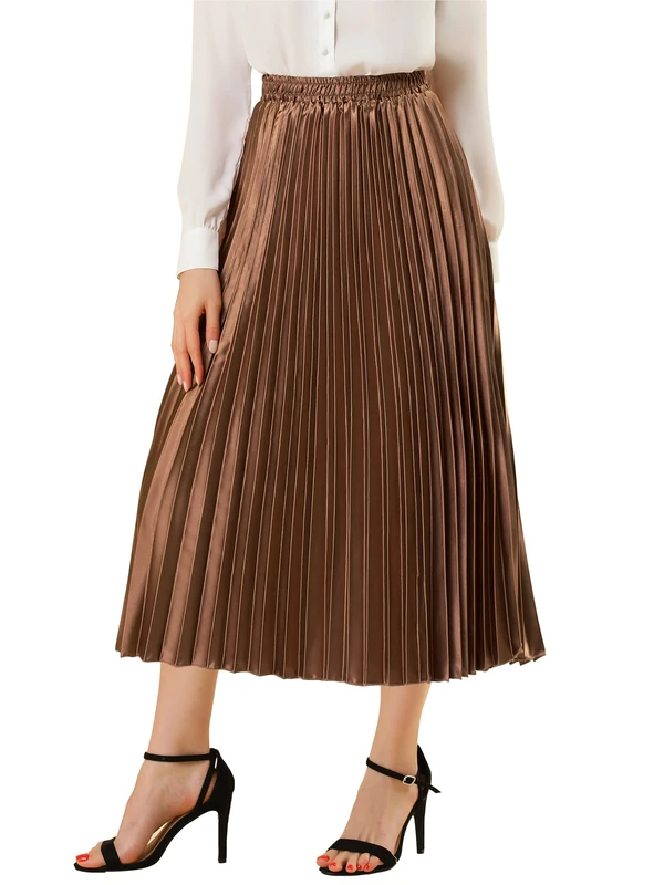 Allegra K Women's Party Elastic Waist Metallic Shiny Accordion Pleated Midi Skirt, Brown, L