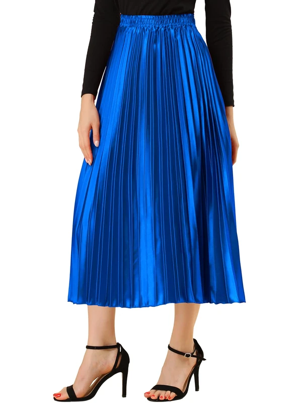 Allegra K Women's Party Elastic Waist Metallic Shiny Accordion Pleated Midi Skirt, Royal Blue, M