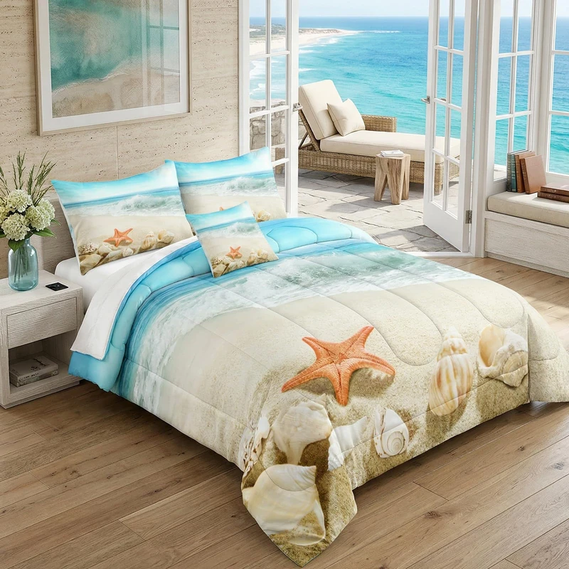 Bedbay Starfish Beach Comforter Set Ocean Themed Bedding Set Blue Ocean Coastal Starfish Conch Natural Themed Ocean Comforter King Size 1 Comforter 2 Pillowcases (Conch,King)