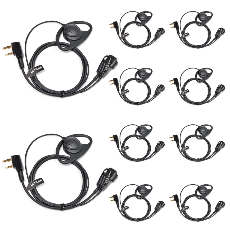 HYS Walkie Talkie Earpiece D-Shape Headset Compatible with Baofeng UV-5R BF-888S UV-82 Wouxun Kenwood 2 Way Radio, Inline PTT Mic Headset for Police Security (10 Pack)