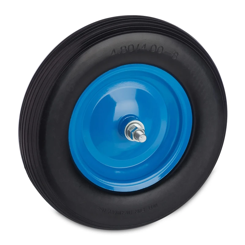 Relaxdays Wheelbarrow Tyre, 4.80 4.00-8, Solid Rubber Spare Wheel, Steel Rim, Puncture-Proof, with Axle, Black/Blue