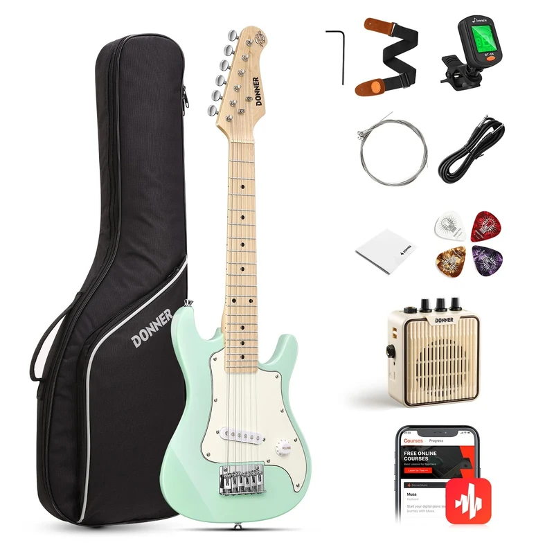 Donner 30 Inch Kids Junior Electric Guitar Beginner Kit ST Style Mini Guitar Premium Bundle with Amp, Tuner, Capo, Bag, Strap, String, Cable (DSJ-100, Mint Green)