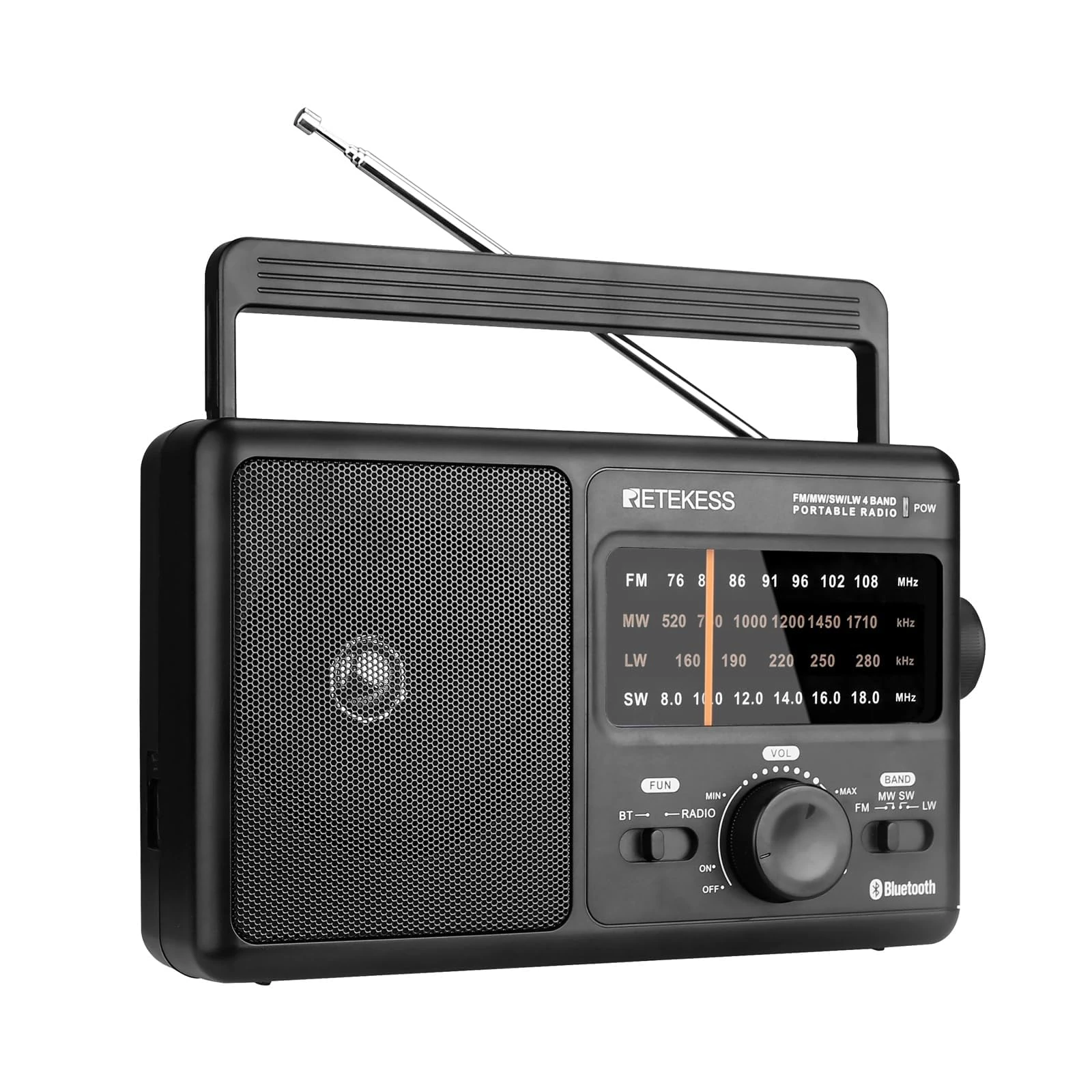 Retekess TR626 Portable Radio Mains and Battery,Transistor Radio FM AM LW SW with Excellent Reception,Bluetooth,Headphone Jack,Large Speaker,for the Elderly (Black)