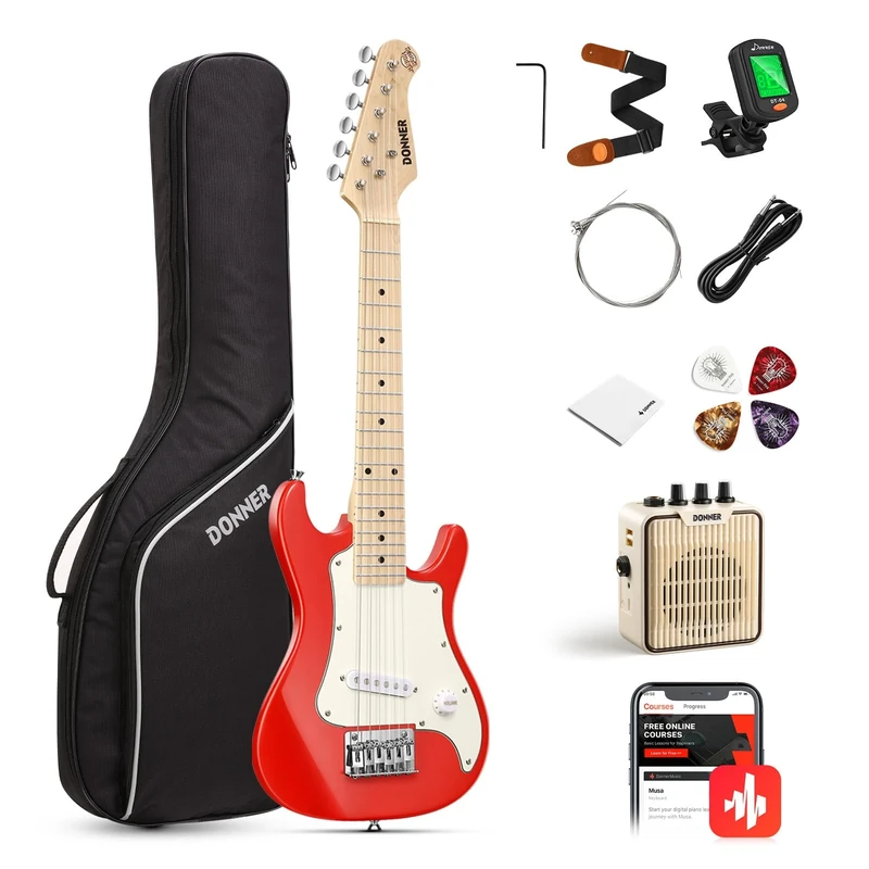Donner 30 Inch Kids Junior Electric Guitar Beginner Kit ST Style Mini Guitar Premium Bundle with Amp, Tuner, Capo, Bag, Strap, String, Cable (DSJ-100, Red)