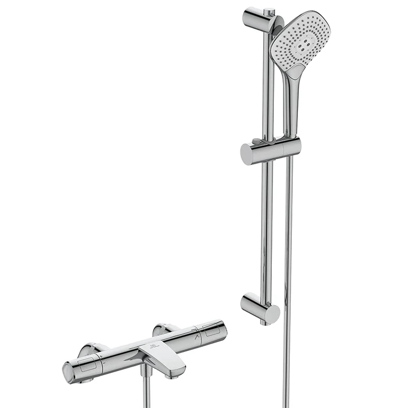 Ideal Standard T100 Exposed Thermostatic Rim Mounted Bath Shower Mixer with Idealrain Evo Jet 3 Function Diamond 125mm Handspray, 600mm Rail and 1.75m Idealflex Hose Chrome