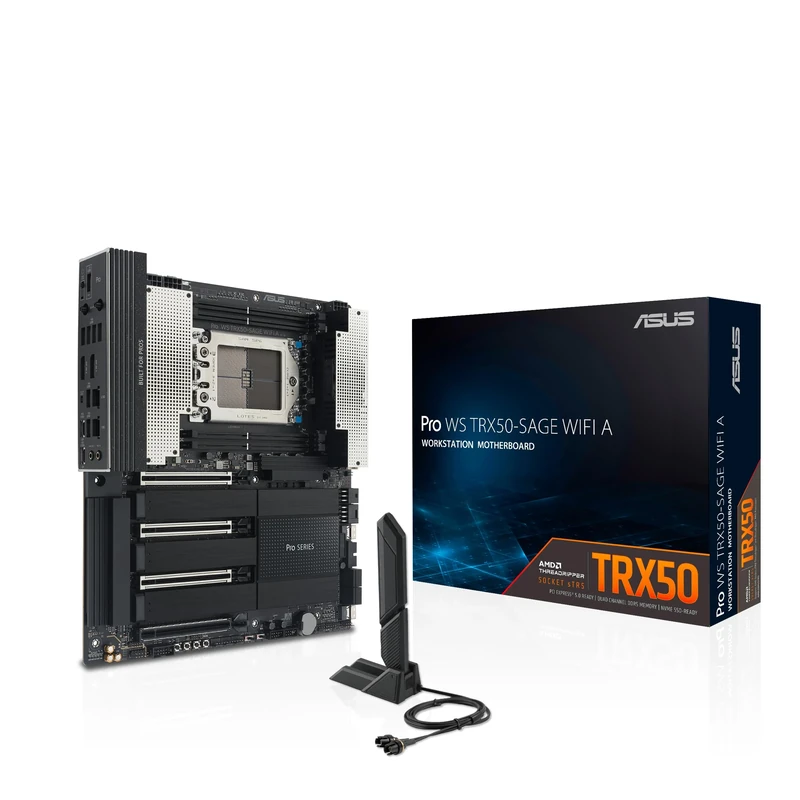 ASUS PRO WS TRX50-SAGE WIFI A, AMD Motherboard, AMD sTR5 Socket for CPU up to 96 Core, 36 Power Stages, DDR5 ECC R-DIMM Slot, Three M.2 Slots, Three PCIe 5.0 Slots, USB-C 20 Gbps, Black