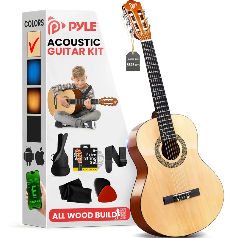 Pyle 3/4 Size Classical Acoustic Guitar 34” Junior Size Starter Kit - 6 String Traditional Classic Handcrafted Linden Wood w/Gig Bag, Digital Tuner, Strings, Picks, Strap, for Beginners Student