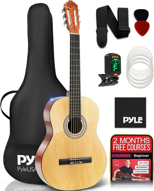 Pyle Left Handed Beginner Acoustic Guitar, 4/4 Junior Size 99 cm, All Wood Build Nylon String with Capo Strap, Extra String Set, and Gig Bag Acoustic, For Kids Adults Youth Classical Kit Natural Ash