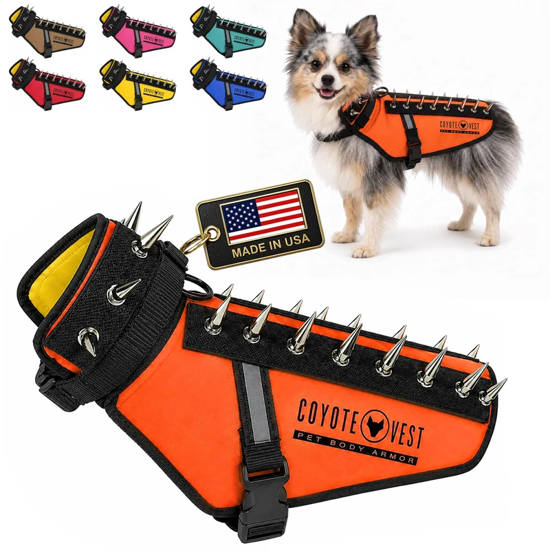 CoyoteVest Dog Harness Protection Vest, Reflective Dog Accessories with Spikes to Shield Your Pet from Raptor and Animal Attacks, Proudly Made in America (XS, Fluorescent Orange)