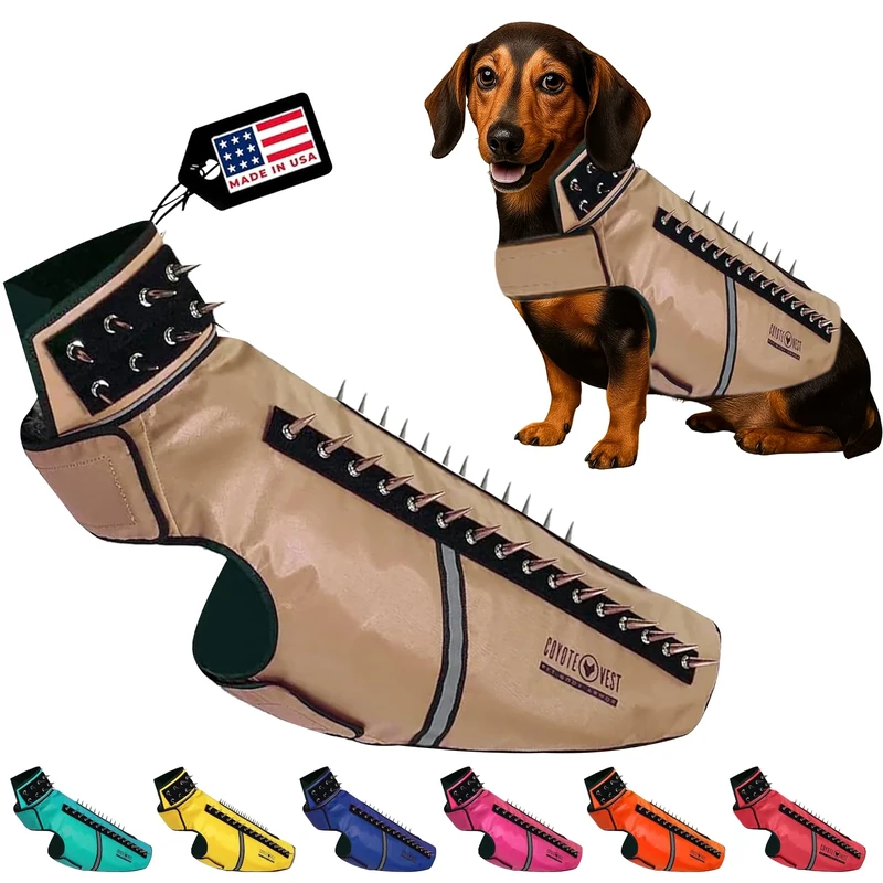 CoyoteVest SpikeVest Dog Harness Vest for Small Dogs, Reflective Dog Vest with Spikes to Shield Your pet from Coyotes, Raptor and Animal Attacks, Anti Hawk Vest, Made in USA (L-Texas Tan)