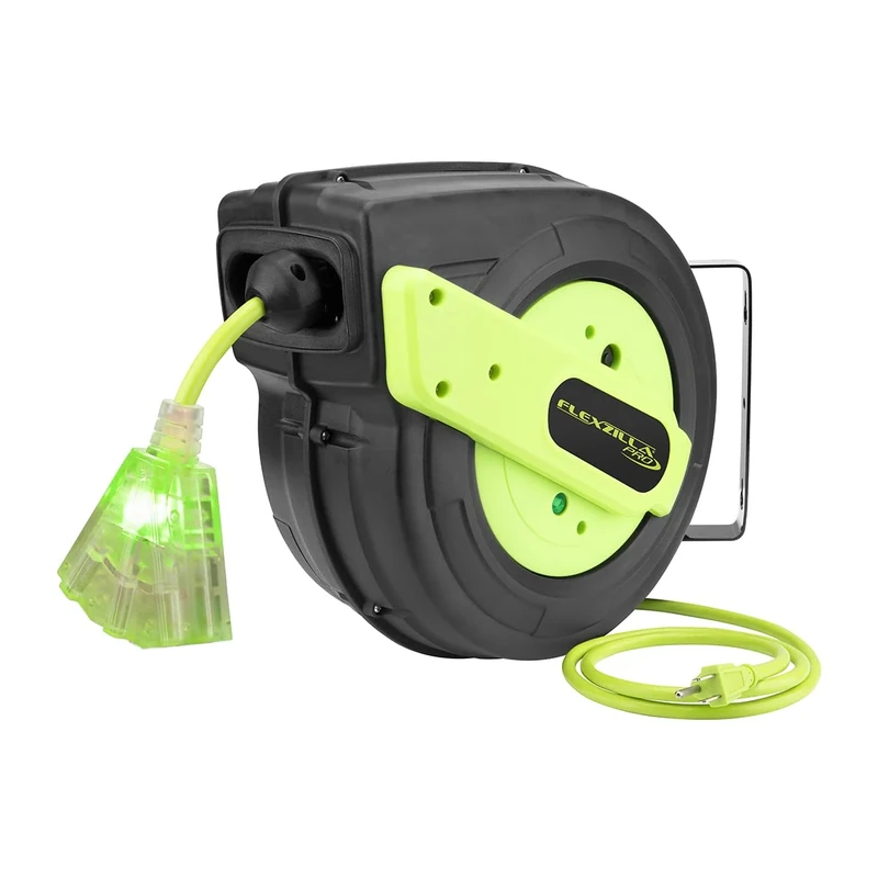 Flexzilla Retractable Extension Cord Reel, 12/3 AWG SJTOW Cord, 60', Grounded Triple Tap Outlet, ZillaGreen, FZ8120603