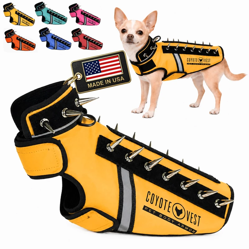 CoyoteVest SpikeVest Dog Harness | Stab-Resistant Protective Vest | Coyote Vest for Dogs | Defends Against Coyotes, Dogs, Birds of Prey | Reflective Safety, Made in USA (XXS-Yellow)