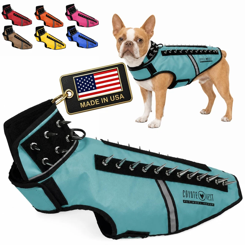 CoyoteVest SpikeVest Dog Harness | Stab-Resistant Protective Vest | Coyote Vest for Dogs | Defends Against Coyotes, Dogs, Birds of Prey | Reflective Safety, Made in USA (M-Turquoise)