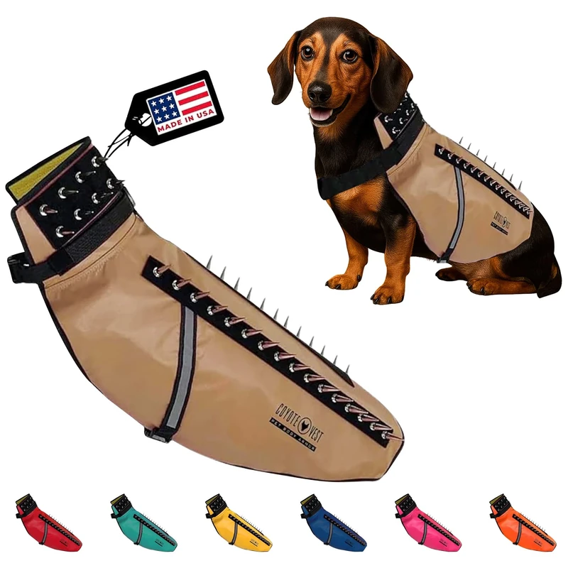 CoyoteVest Dog Harness Protection Vest, Reflective Dog Accessories with Spikes to Shield Your Pet from Raptor and Animal Attacks, Proudly Made in America (Large, Texas Tan)