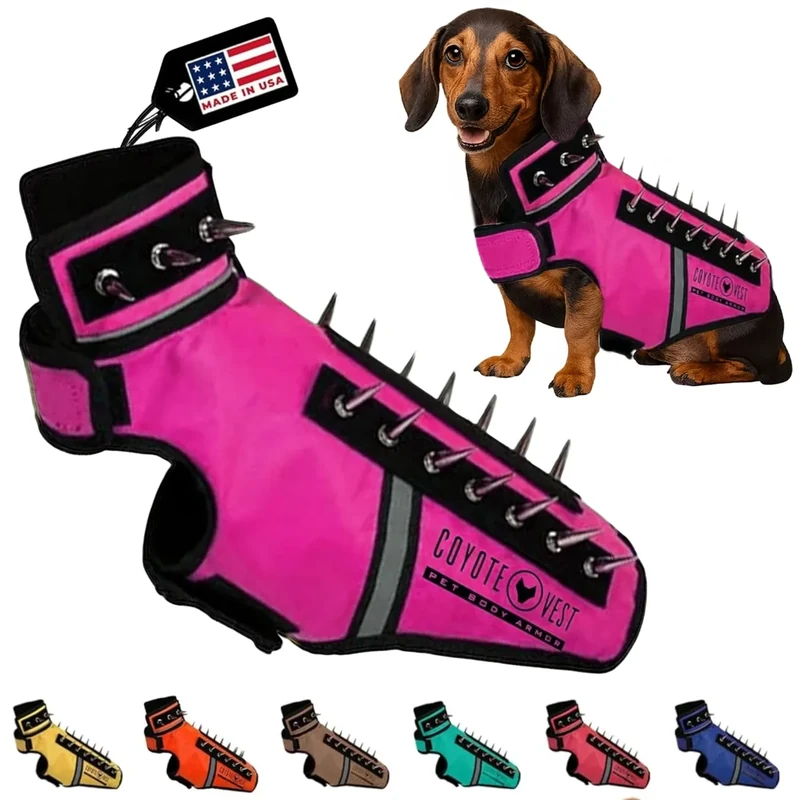CoyoteVest SpikeVest Dog Harness Vest for Small Dogs, Reflective Dog Vest with Spikes to Shield Your pet from Coyotes, Raptor and Animal Attacks, Anti Hawk Vest, Made in USA (XXS-Pink)
