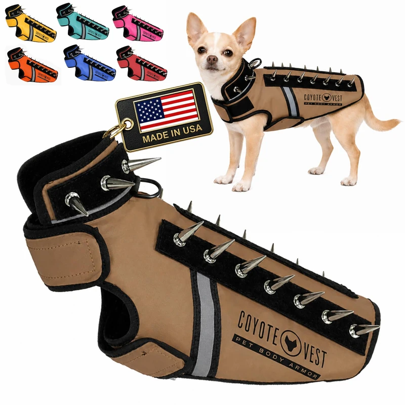 CoyoteVest SpikeVest Dog Harness | Stab-Resistant Protective Vest | Coyote Vest for Dogs | Defends Against Coyotes, Dogs, Birds of Prey | Reflective Safety, Made in USA (XXS-Texas Tan)