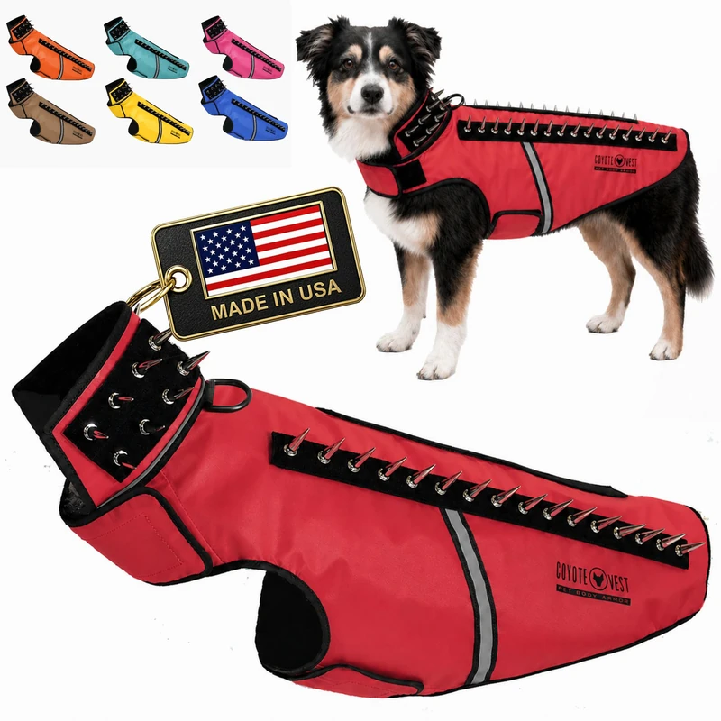 CoyoteVest SpikeVest Dog Harness for Small Dogs, Reflective Dog Vest with Spikes to Shield Your Pet from Coyotes, Raptors and Animal Attacks, Anti Hawk Vest, Made in USA (L-Red)