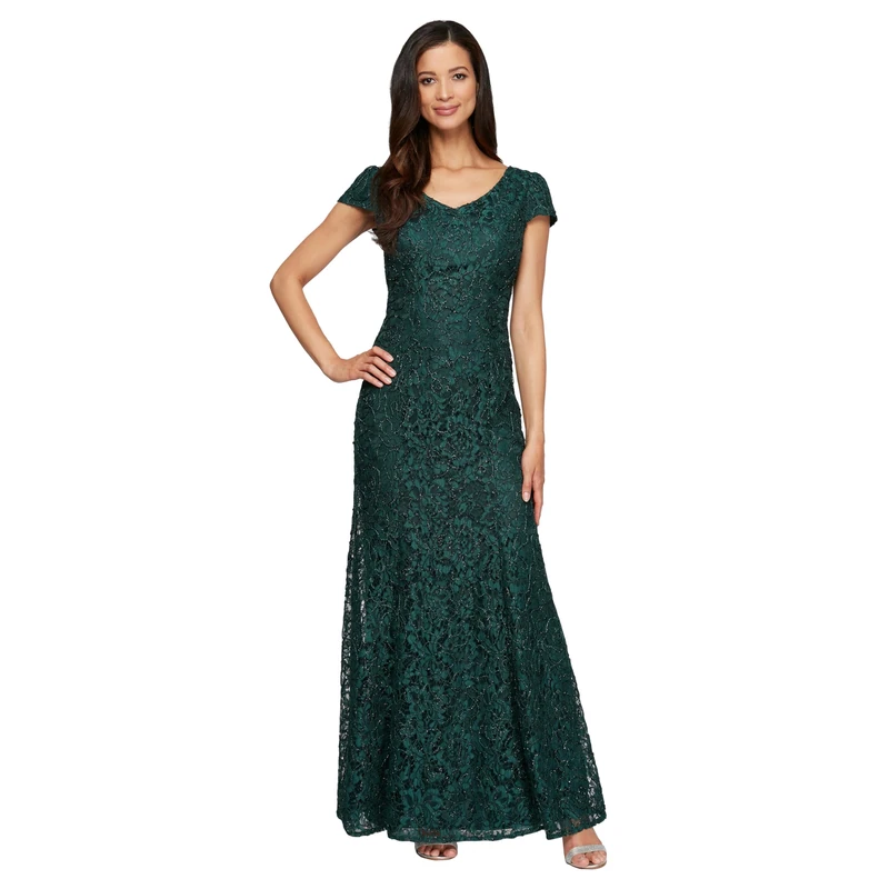 Alex Evenings Women's Long Cap Sleeve Special Occasion Dress, Hunter Green-Corded Lace, 18