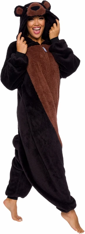 Funziez! Sherpa Bear Adult Onesie - Animal Halloween Costume - Plush Teddy One Piece Cosplay Suit for Adults, Women and Men, Black Bear, XXL