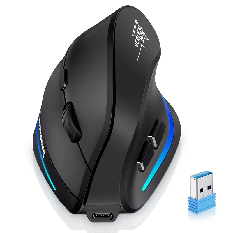 ECHTPower Vertical Ergonomic Mouse Wireless, Rechargeable 2.4G Optical USB Mouse for Laptop/Desktop/PC/Macbook with 1000/1600/2400/3200/4000/4800 DPI,6 Buttons(Wireless Mouse)