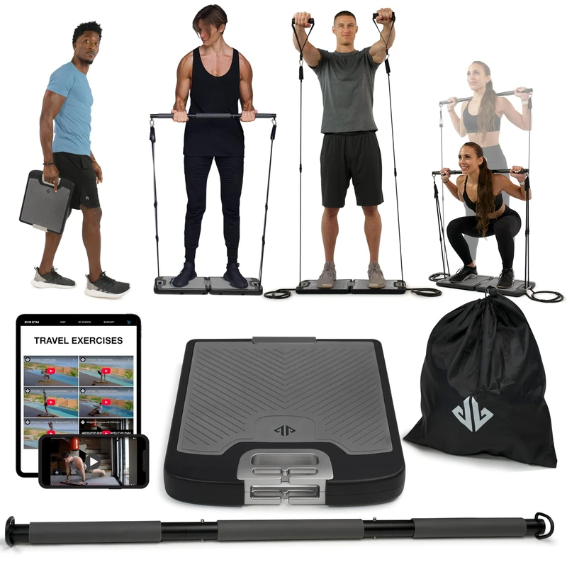 EVO Gym - Portable Home Gym Strength Training Equipment, at Home Gym | All in One Gym - 10 Resistance Bands, Base Holds Gym Bar & Handles for Travel | Portable Gym & Home Exercise Equipment | 320LBS