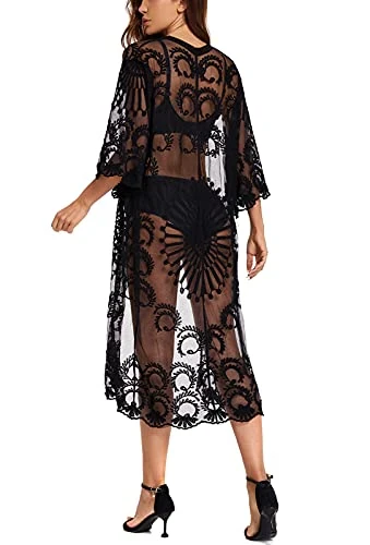 marysgift Womens Lace Cardigan Casual Embroidery Printed Beach Kimono Sheer Bohemian Bikini Swimsuit Cover Ups for Swimwear Black A00122