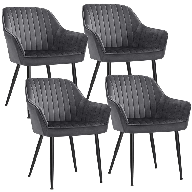 SONGMICS Dining Chairs Set of 4, Kitchen Chairs, Velvet Armchairs, Upholstered with Armrests, Max. Load 120 kg, Metal Legs, for Dining Room, Lounge, Grey and Ink Black LDC087G81-4J