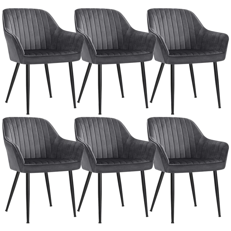 SONGMICS Dining Chairs Set of 6, Kitchen Chairs, Velvet Armchairs, Upholstered with Armrests, Max. Load 120 kg, Metal Legs, for Dining Room, Lounge, Grey and Ink Black LDC087G81-6J