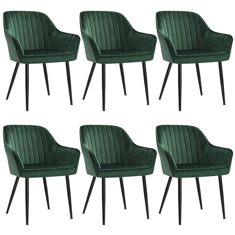 SONGMICS Dining Chairs Set of 6, Kitchen Chairs, Velvet Armchairs, Upholstered with Armrests, Max. Load 120 kg, Metal Legs, for Dining Room, Lounge, Green and Ink Black LDC087CZ01-6J