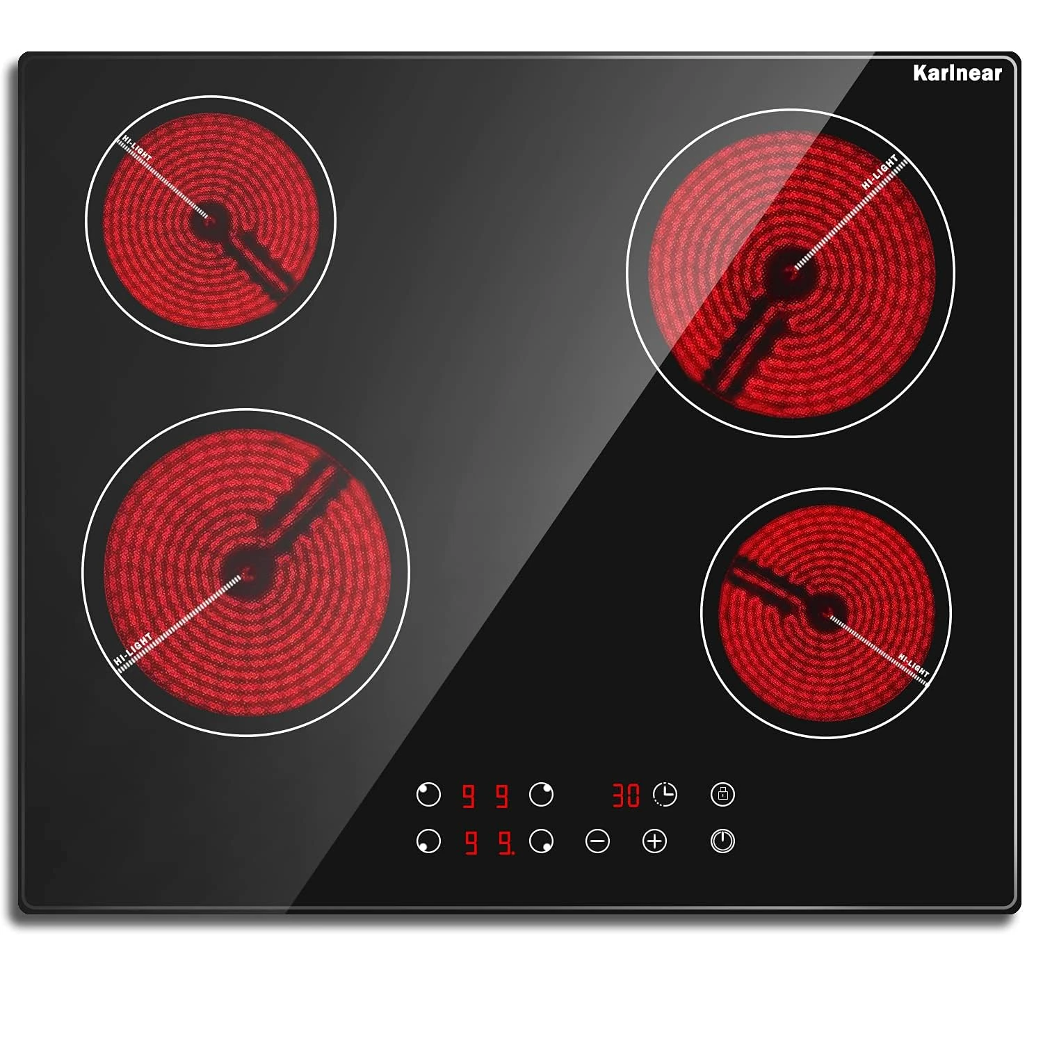 Karinear Ceramic Hob, Electric Hob 60cm Built-in 4 Zones with Safe Lock, Timer, Touch Control 6000W, Hard Wired, No Plug Included