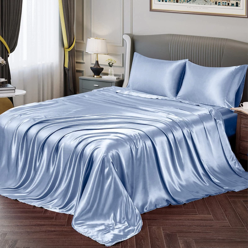 Vonty Satin Sheets King Size Silky Soft Satin Bed Sheet Set, Baby Blue, 1 Deep Pocket Fitted Sheet + 1 Flat Sheet + 2 Pillowcases