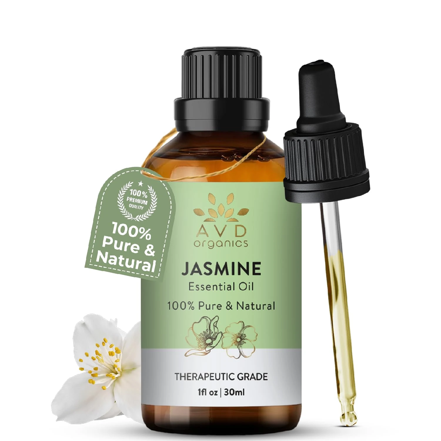 AVD Organics Jasmine Essential Oil 30ml - Premium Aromatherapy Therapeutic Grade Oil for Soaps, Candles, Massage, Skin Care, Perfumes, Home Fragrance Acetite for Diffuser- 1 fl.oz
