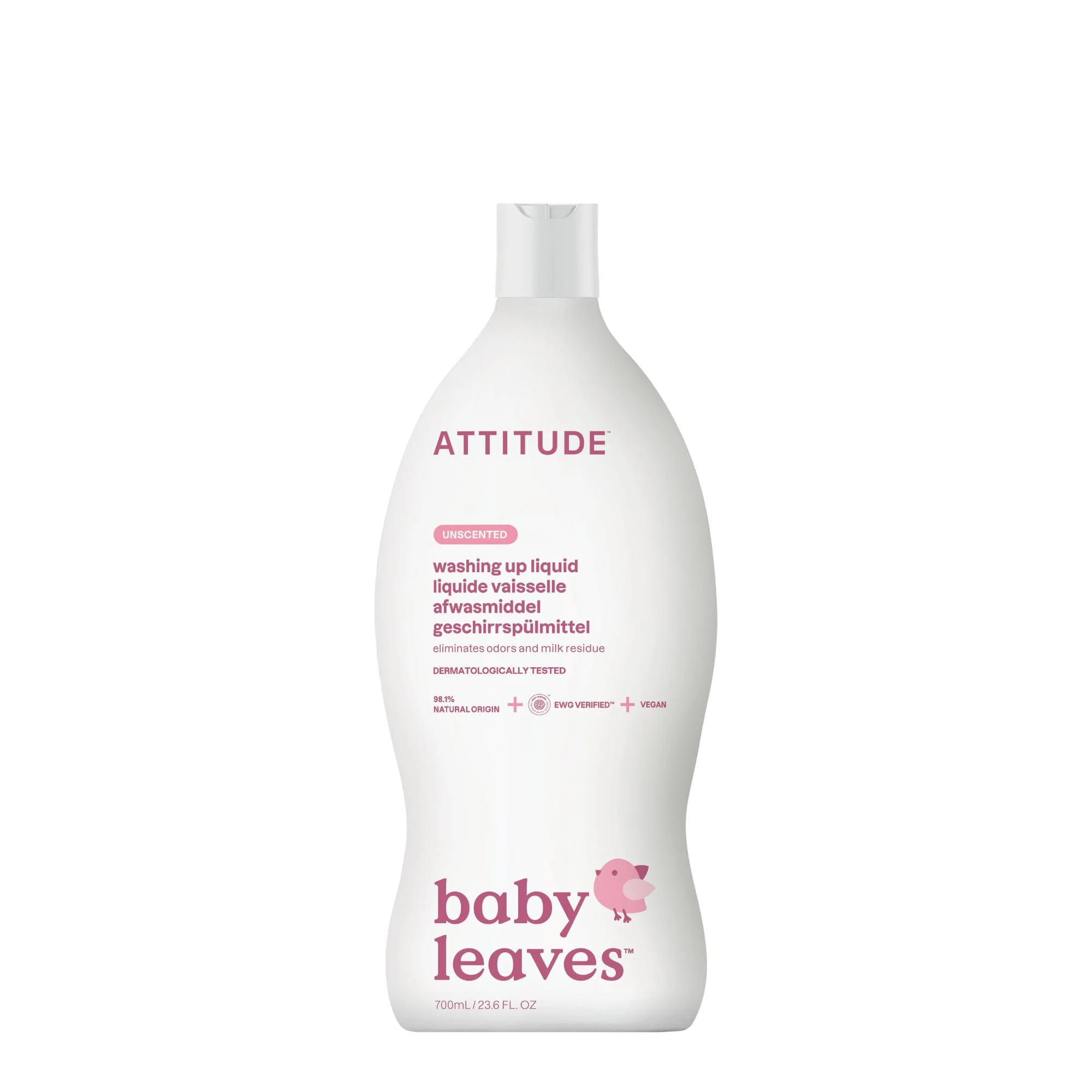 ATTITUDE Baby Washing up Liquid, EWG Verified, No Added Dyes or Fragrances, Tough on Milk Residue and Grease, Vegan, Unscented, 700 mL