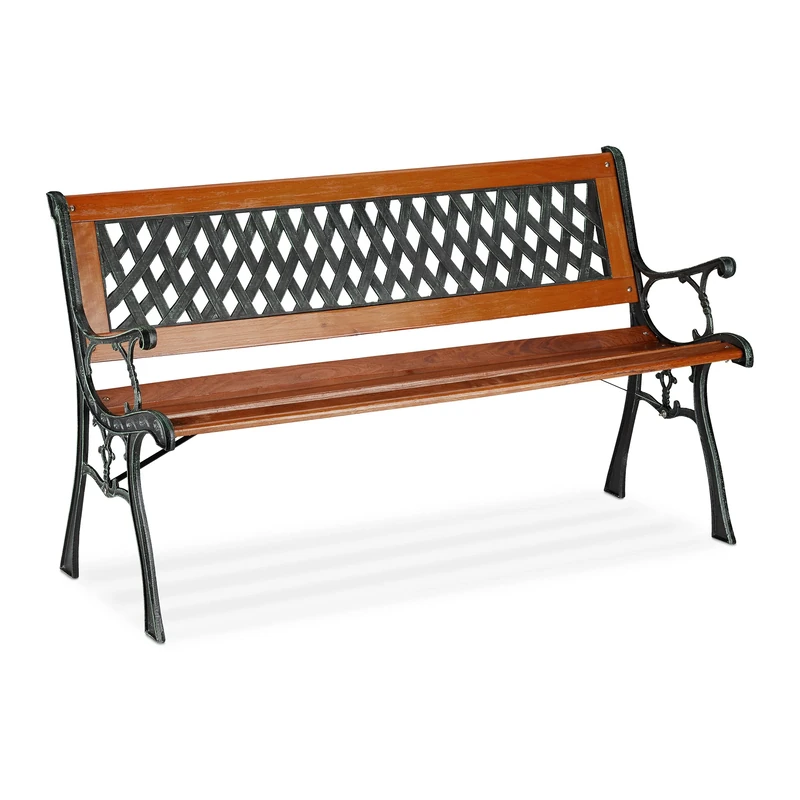Relaxdays Garden Bench, 2 Seater, Wood & Cast Iron, Balcony & Terrace, Rustic Style, HxWxD: 73x125x52.5 cm, Brown/Green