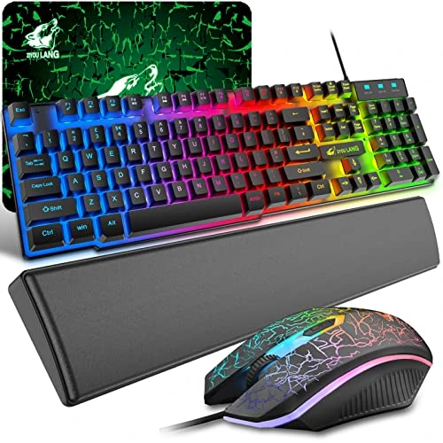 Gaming Keyboard and Mouse with Wrist Rest 104 Keys Rainbow Backlit QWERTY UK Keyboard Layout 2400DPI 4 Buttons Breathing Mouse Pad Hand Rest USB Wired Compatible