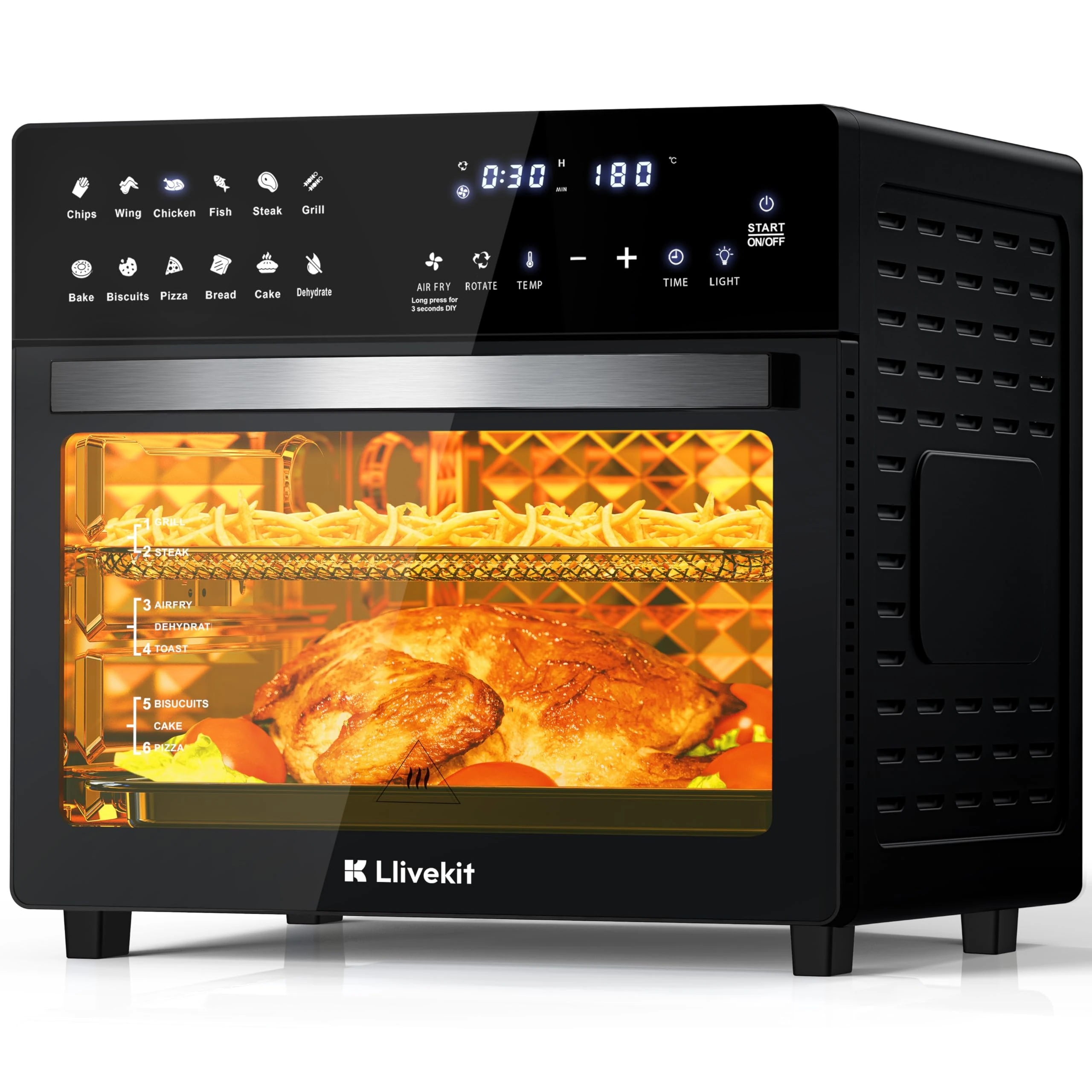 LLIVEKIT Air Fryer Oven with Rotisserie 26L, Large Family Size Air Fryer Countertop Convection Oven Low Fat Oil-Less Cooking, Timer & Temperature Control, 12 Preset Programs, 1700 Watts
