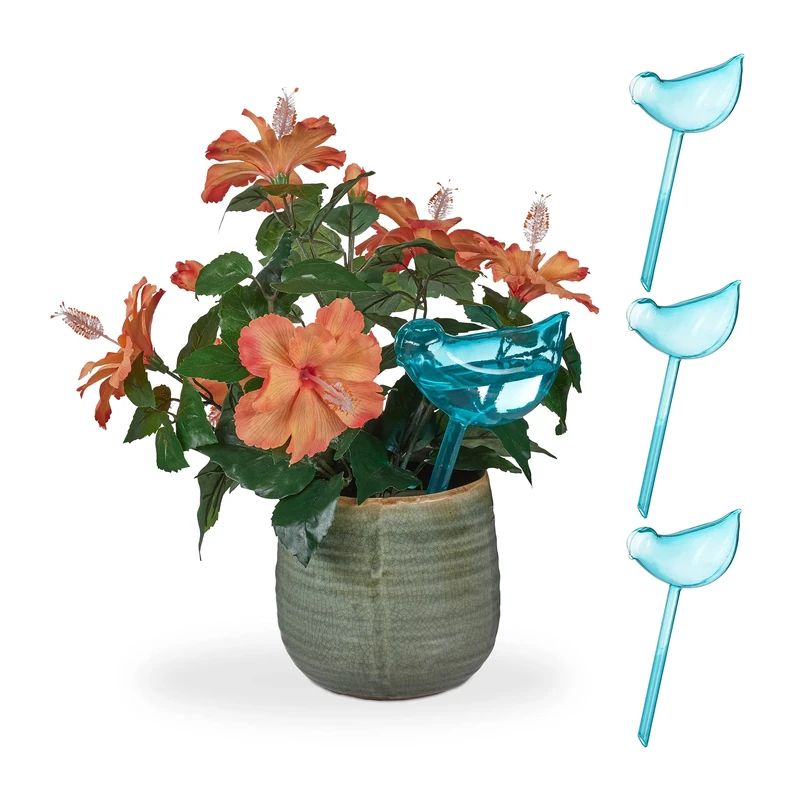 Relaxdays Bird-Shaped Spikes, Set of 4, Plant, self-Watering System, 200 ml Capacity, in Blue, 25.5 x 6 x 14 cm
