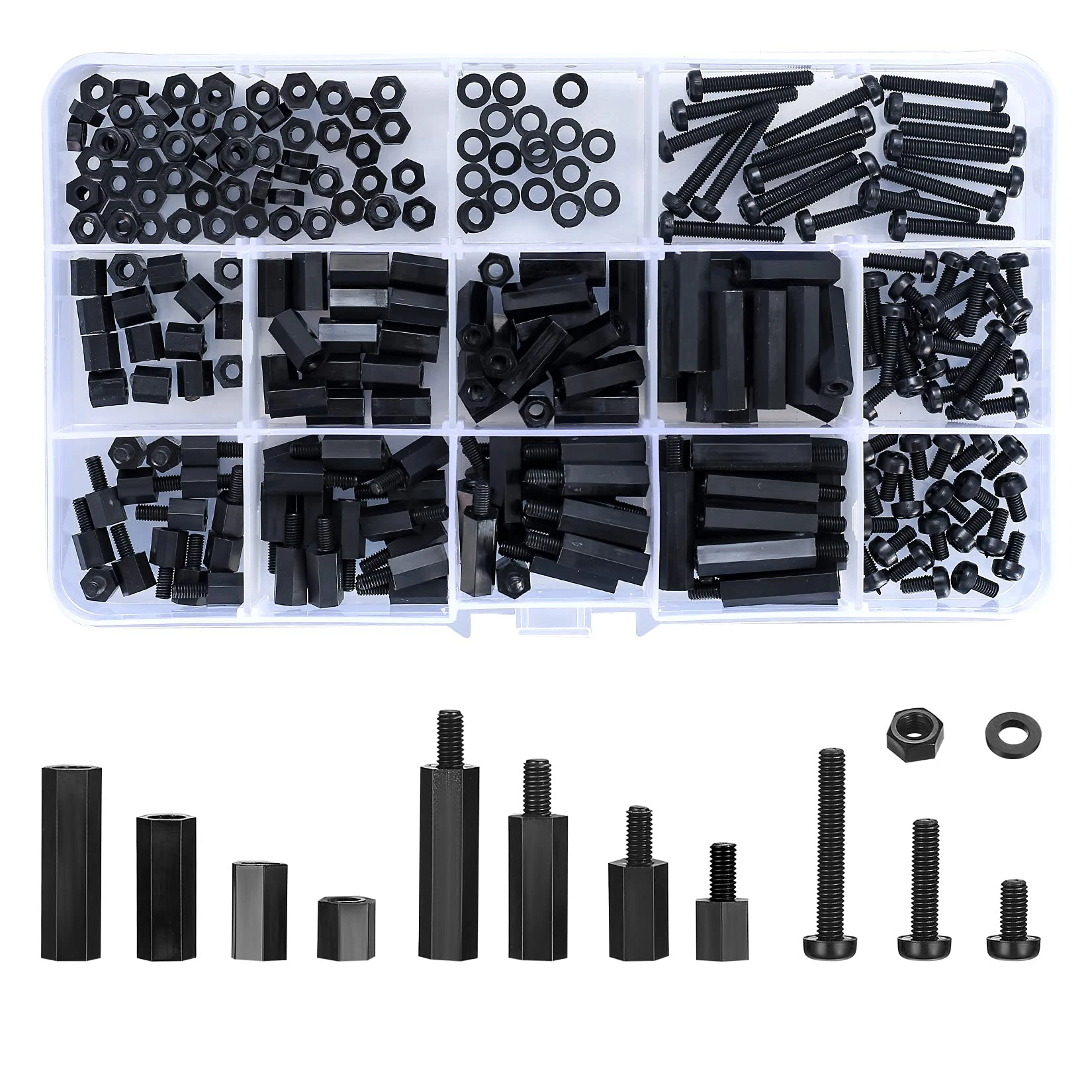 Ewwtrey 260 Pcs M3 Male Female Nylon Hex Spacer Standoffs Screws Nuts, Nylon Hex Threaded Pillar Spacer Standoffs Screws Nuts Assortment Kit for Circuit Board PCB Motherboard (Black M3)