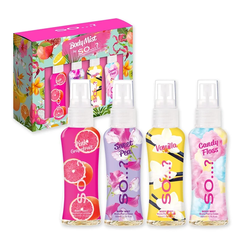 Body Mist By So…? Womens Mini Body Mist Gift Set, with Pink Grapefruit, Vanilla, Candy Floss & Sweet Pea, Fragrance Spray Set (4x50ml)