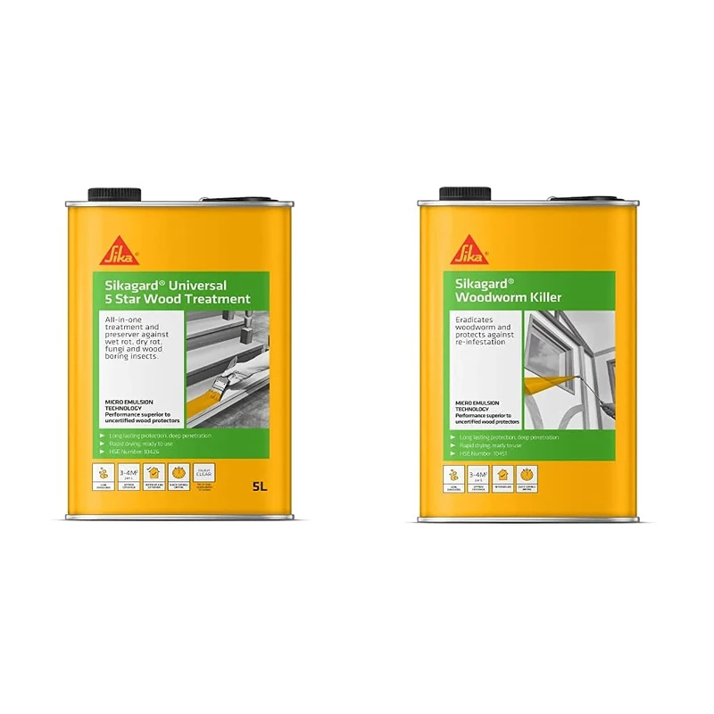 Sikagard SKGDUNI5 Universal 5 Star Wood Treatment - All In One Treatment For Wet Rot, 5 Litre & ard Woodworm Killer - Eradicates Woodworm and Protects Against Re-Infestation, 5 Litre