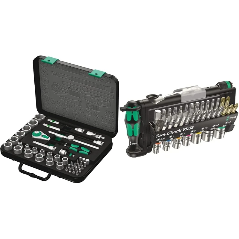 Wera 8100 SB 2 Zyklop Speed Ratchet, Sockets, Bits and Accessories Set, 3/8" Drive, 43pc, 05003594001 & Tool-Check Plus Mini Ratchet, Socket, Screwdriver Set, 39pc, 05056490001