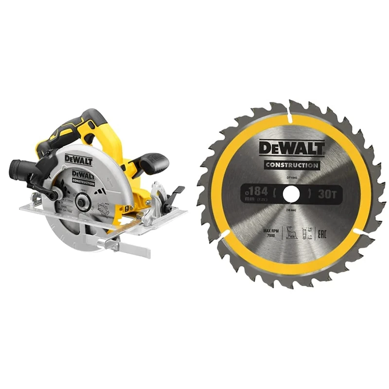 DEWALT DCS570N Cordless XR Brushless Circular Saw, 18 V, Yellow/Black/Grey, 184 mm & DT1940-QZ DT1940-QZ-Hoja para construcción 184x16mm 30T (AC), Yellow, 184 x 16 mm
